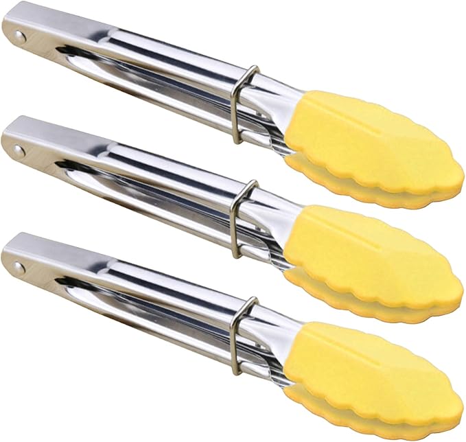 Mini Tongs with Silicone Tips 7-Inch Small Serving Tongs, Set of 3 (Yellow)