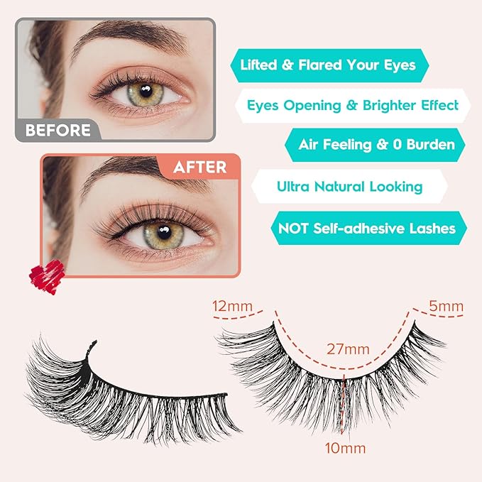 Lashes Wispy False Eyelashes Cat Eye Lashes Natural Look 3D Volume Fake Eyelashes Thin Band Lashes 12mm Natural Eye Lashes C Curl Siligli Lashes Pack 10 Pair-BrightBean Baby