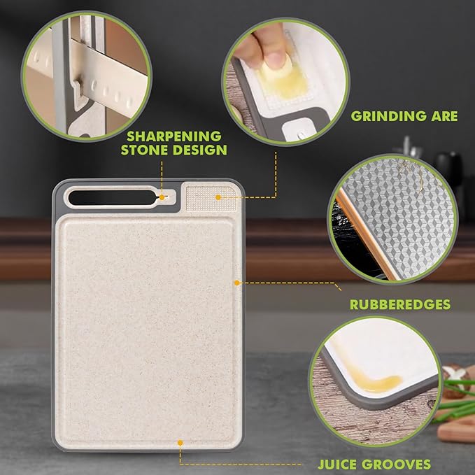 XIAPIA 2-in-1 Cutting Board Set (2 Pack), Stainless Steel & Plastic Cutting Boards for Kitchen, Metal Chopping Board Non Toxic & BPA Free, Built-in Knife Sharpener|Ginger Grater|Measurement Marks