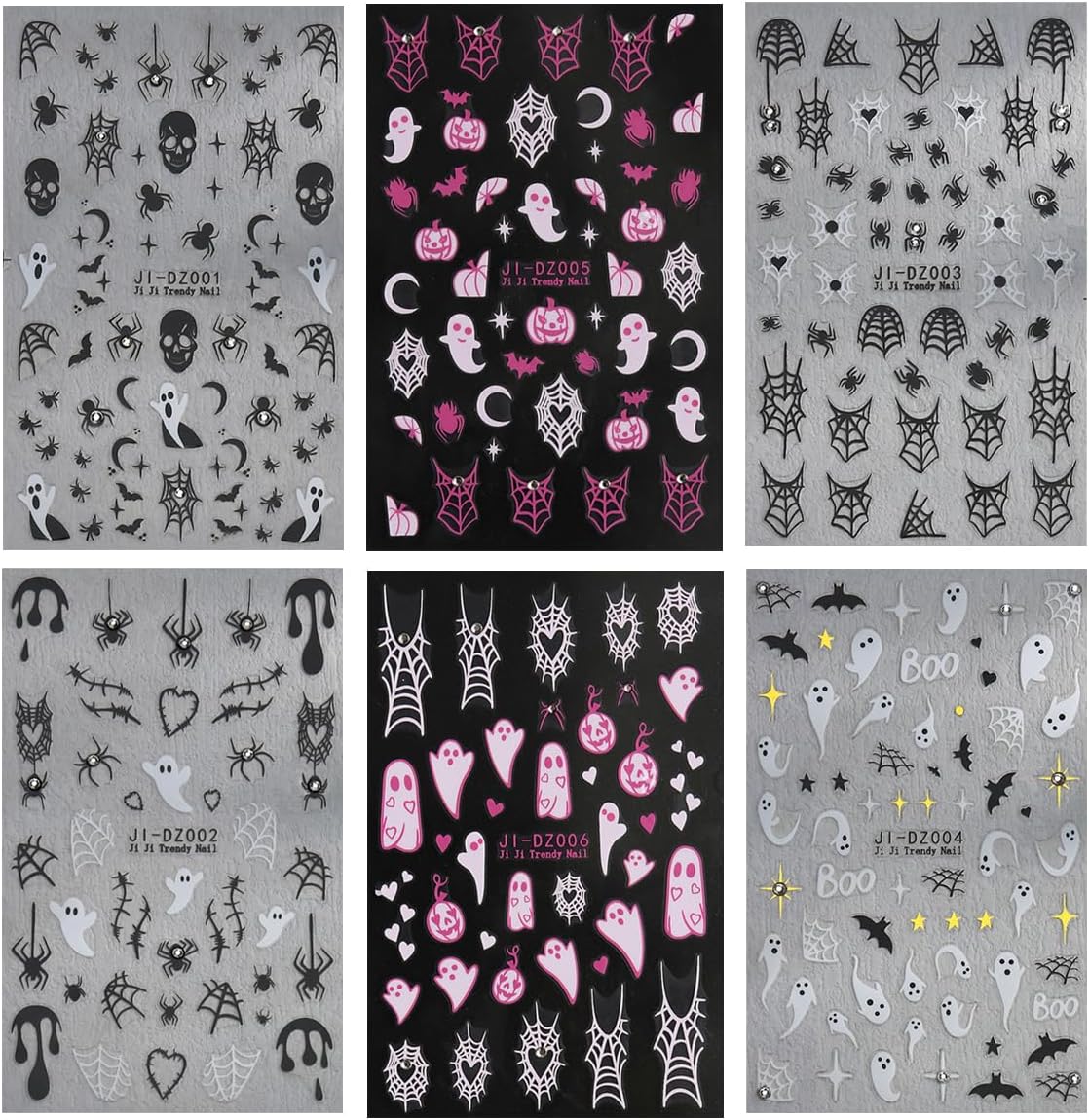 6Sheets Halloween Nail Stickers for Nail Art,3D Self-Adhesive Cute Ghost Spider Web Nail Decals with Rhinestones Design,Pink Pumpkin Spiders Skull Nail Art Stickers for Women Girls DIY Nail Decoration-BrightBean Baby