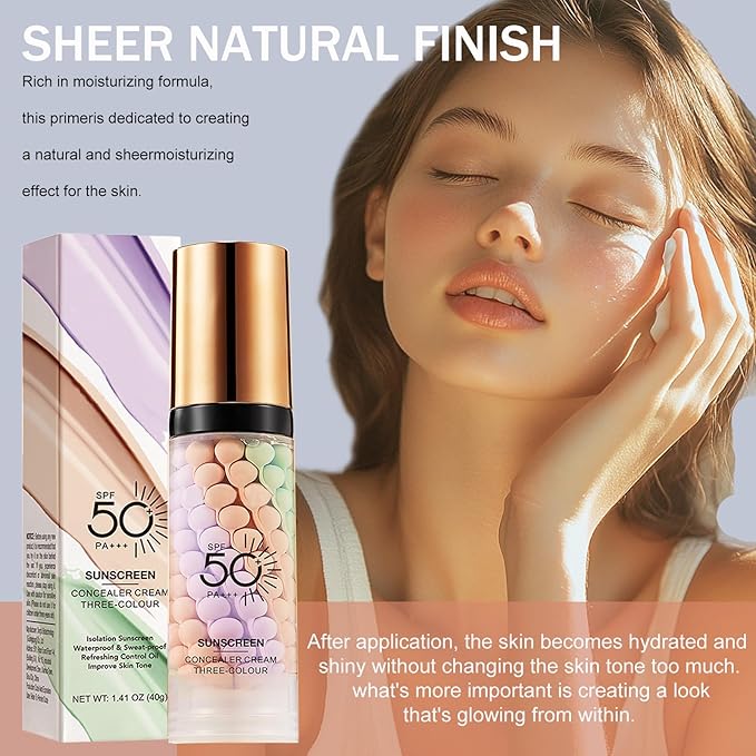 3 In 1Primer for Face Before Makeup,Sunscreen Isolation Cream, SPF 50, One Step Color Corrector Face Primer, Blurs Imperfections Oil Control & Moisturizing Skin Tone Correcting,Radiance Skin-BrightBean Baby