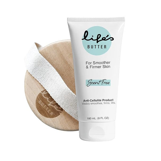 Life's Butter Anti-Cellulite Cream with L-Carnitine, Coenzyme Q10 | Skin Smoothening Natural Product | Fights Cellulite and Stretch Marks | 6 fl oz (Scent-Free) + Dry Brush-BrightBean Baby