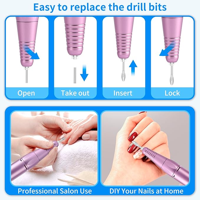 Portable Nail Drill Professional 35000 RPM, MOCOWIND Rechargeable Electric Nail File Machine for Acrylic Nails Gel Polishing Removing, Cordless E-File with Bits for Manicure Salon Home, Blue & Purple-BrightBean Baby