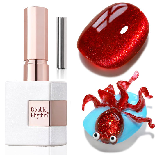 Double Rhythm 15ML Ice Glass Cat Eye Gel Polish with Magnet Holographic Glitter Shimmer Translucent Sheer Color Salon Soak Off Magnetic Nail at Home (Red Glitter-MC1108)-BrightBean Baby