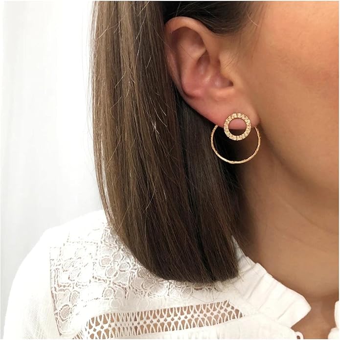 Vintage Crystal Circle Ear Jacket Earrings CZ Hollow Circle Hoop Earrings Gold Circle Earrings Minimalist Geometric Circle Stud Earrings Jewelry for Women-BrightBean Baby