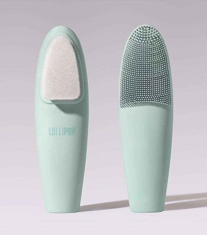 LOLLIPOP Dual-Sided Facial Cleansing Brush | Handle Size Silicone Face Exfoliator and Soft Fiber Cleanser | Manual Face Scrubber for Pores, Makeup Removal, Blackhead and Skincare Routine, Minty-BrightBean Baby