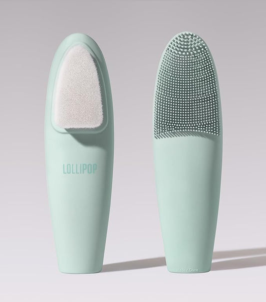 LOLLIPOP Dual-Sided Facial Cleansing Brush | Handle Size Silicone Face Exfoliator and Soft Fiber Cleanser | Manual Face Scrubber for Pores, Makeup Removal, Blackhead and Skincare Routine, Minty-BrightBean Baby