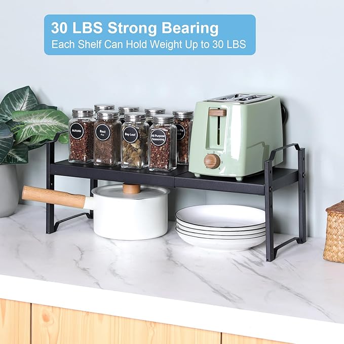 1 Pack Expandable Cabinet Countertop Shelves, Stackable Shelves Organizers for Kitchen Cabinet Countertop Storage, Adjustable Counter Cupboard Pantry Organizer Shelf Rack Stand, Length:25.5"