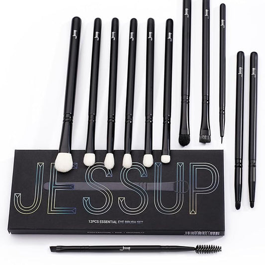 Jessup Eyeshadow Brush Set 12pcs Black Eye Makeup Brushes Set Professional with Natural Synthetic Hair for Eyebrow Eyelash Eyeliner Spoolie Blending, T322-BrightBean Baby