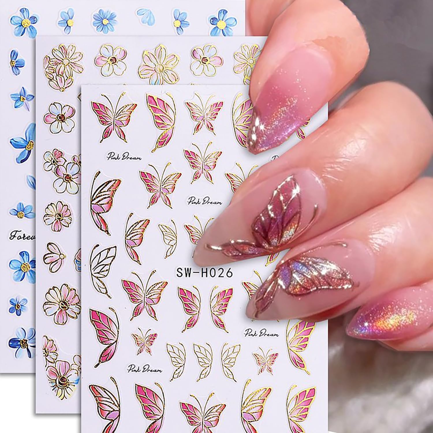 6Sheets Flower Nail Art Stickers 3D Self-Adhesive Nail Sticker Butterfly Nails Art Decals Holographic Floral Butterfly Nails Decal Decoration for Women Blue Blossom Manicure DIY Nail Supplies-BrightBean Baby