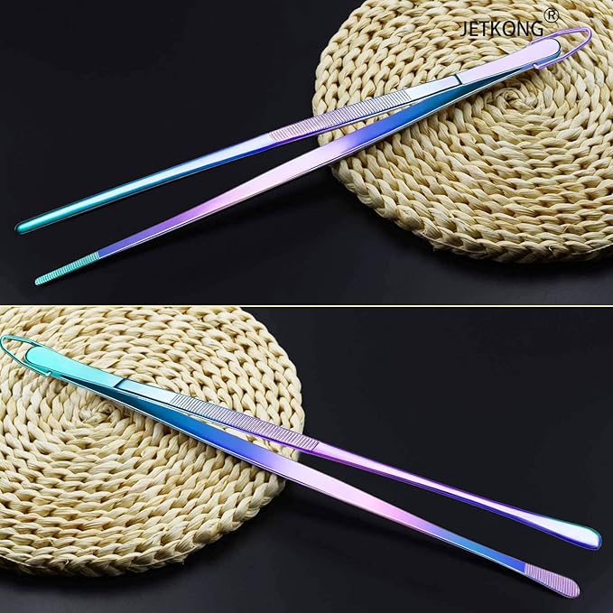 JETKONG 2 Pcs 12-Inch Culinary Tweezers Food Tweezers Kitchen Tweezer Tongs for Cooking (Rainbow)