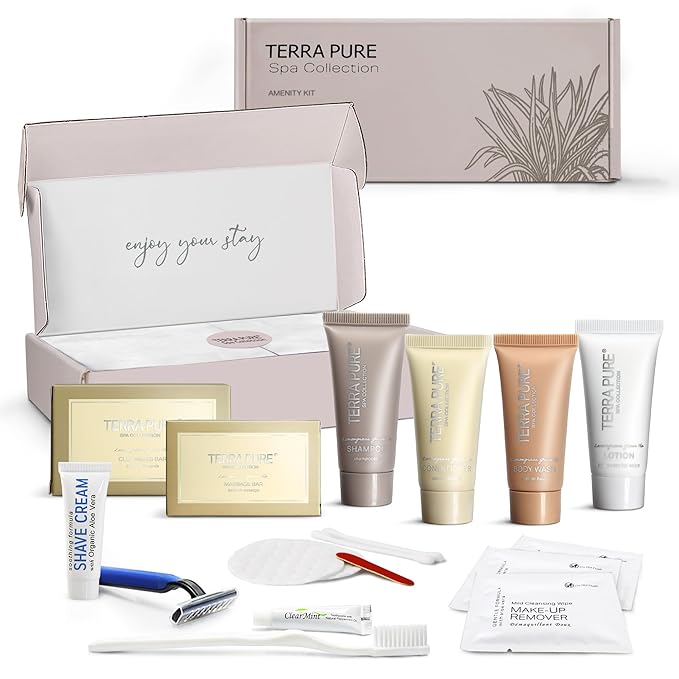 Terra Pure Spa Collection Amenity & Accessory Kit |1 oz Travel Size Shampoo, Conditioner, Lotion, Body Wash, 2 Soap Bars, Shave & Dental Sets, Make-Up Remover Wipes, & Vanity Kit | 1 set per case-BrightBean Baby