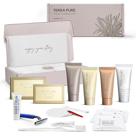 Terra Pure Spa Collection Amenity & Accessory Kit |1 oz Travel Size Shampoo, Conditioner, Lotion, Body Wash, 2 Soap Bars, Shave & Dental Sets, Make-Up Remover Wipes, & Vanity Kit | 1 set per case-BrightBean Baby
