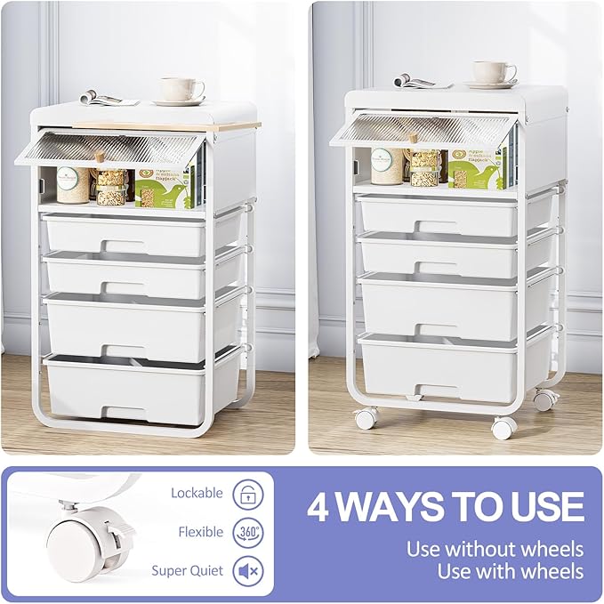 Utility-Rolling-Storage-Drawer-Craft-Cart-Organizers with 4 Drawers & Dust-proof Door for Kid Craft Art Room,Bedroom,Home Office, Craft Drawer cart, Classic White-BrightBean Baby