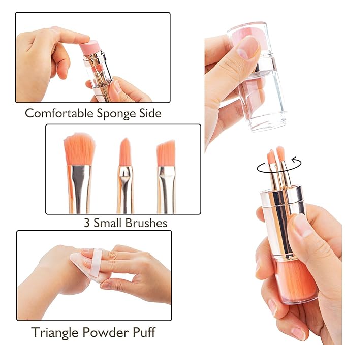 kullder Travel Makeup Brush 5 in 1 Makeup Brush set Blend Sponge Eyebrow Eyeshadow & Blush Brushes for Foundation Concealer Double Ended Makeup Brush with Powder Puff Ideal Womens Gifts-BrightBean Baby