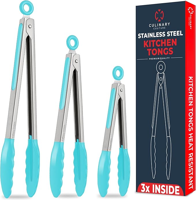 Kitchen Tongs for Cooking with Silicone Tips, Heat Resistant Tongs for Serving Food, 7-Inch, 9-Inch, 12-Inch Locking Silicone Tong, Set of 3 Salad Tong, Aqua Kitchen Utensils