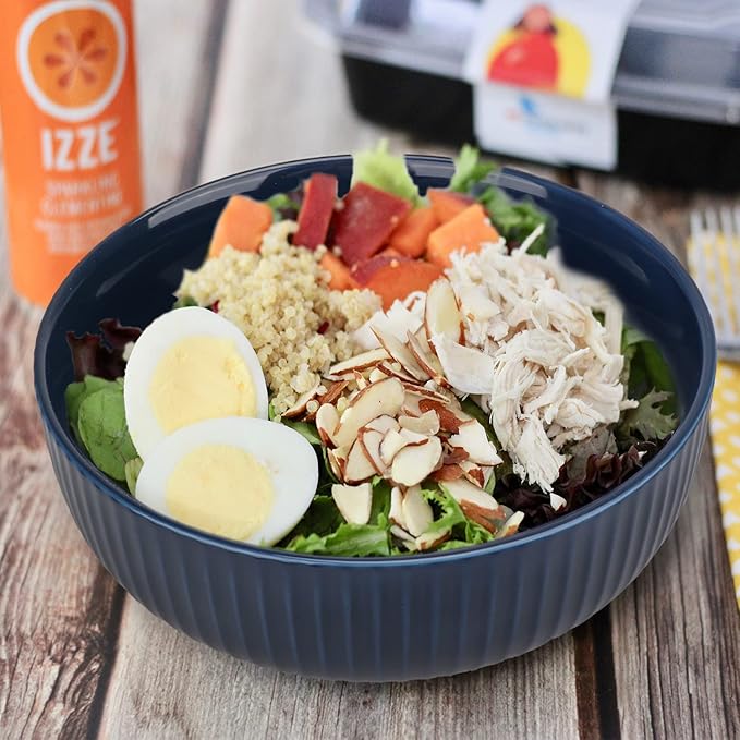 Extra Large Salad Bowl, 2800ml Ceramic Fruit Bowl, Stylish Navy Blue Round Vertical Stripe Soup Bowl, Serving Bowl for Salad, Fruit, Noodle, Soup(23.5x8.8cm, 95oz)