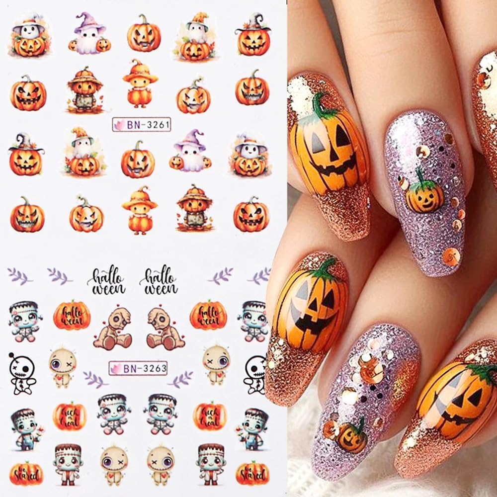 Halloween Pumpkin Nail Art Stickers Decals, 12Pcs Cute Ghost Skeleton Bat Pattern Water Transfer Nail Foils Decals for Halloween Nail Art Decoration Watermark Acrylic Stickers for Manicure DIY Supply-BrightBean Baby