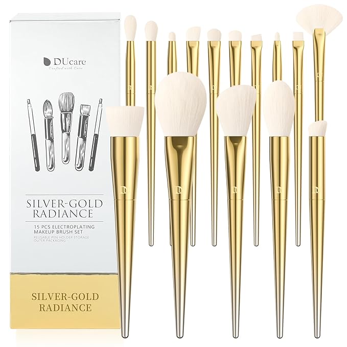 DUcare Makeup Brushes 15Pcs Makeup Brush Set with Holder Premium Synthetic Powder Foundation Contour Blush Concealer Eye Shadow Blending Liner Make Up Brush Kit gold-silver-BrightBean Baby