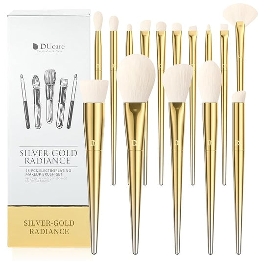 DUcare Makeup Brushes 15Pcs Makeup Brush Set with Holder Premium Synthetic Powder Foundation Contour Blush Concealer Eye Shadow Blending Liner Make Up Brush Kit gold-silver-BrightBean Baby