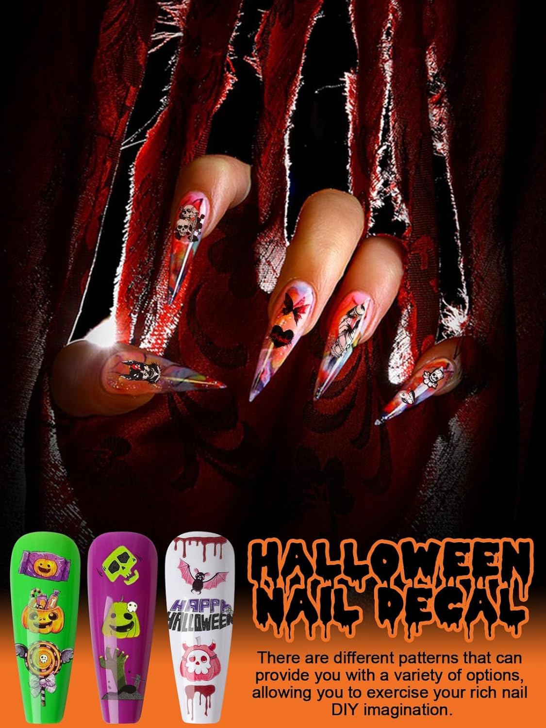 Halloween Nail Art Stickers Decals, Kalolary Self-Adhesive DIY Nail Sticker Decals 3D Design Nail Decorations for Halloween Party Include Pumpkin/Bat/Ghost/Witch(12 Sheets)-BrightBean Baby