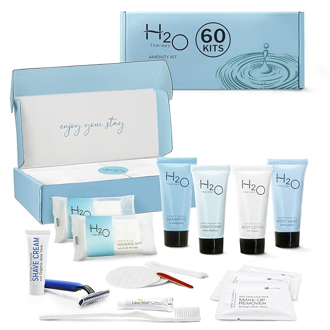 H2O Therapy Amenity & Accessory Kit | 0.85 oz Travel Size Shampoo, Conditioner, Lotion, Body Wash, Massage Bar, Cleansing Bar, Shave & Dental Sets, Make-Up Remover Wipes, & Vanity Kit | 60 sets/case-BrightBean Baby