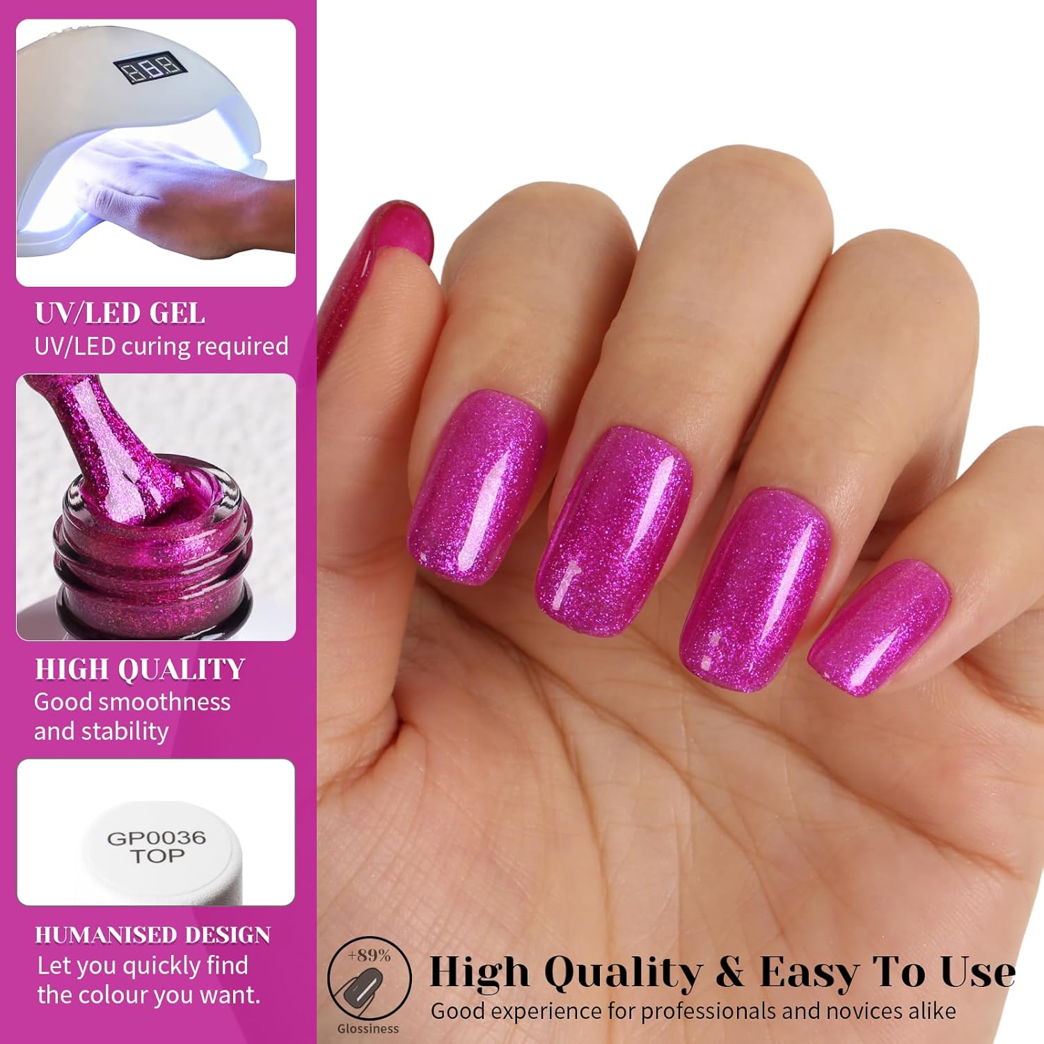 Glitter Gel Nail Polish,Sparkly Shimmer Fuchsia Gel Polish, 15ml UV/LED Soak Off Purple Gel Polish for Manicure Salon or DIY Nail Art at Home,Women Girls Gift - GP0092-BrightBean Baby