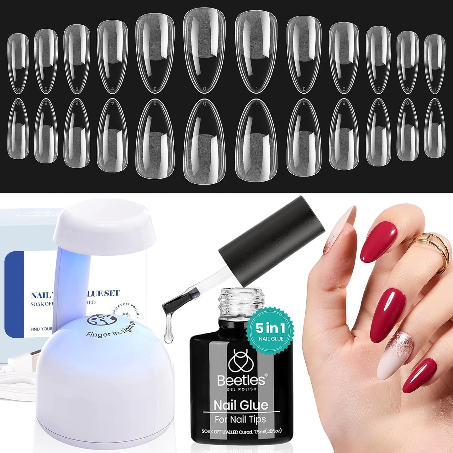 Beetles Gel Nail Kit Etch-X, Almond Medium, 500pcs 12 Sizes, with 9 in 1 Glue Mini Nail Lamp, Fall Nails, Pre-Etched Half Matte Easy Extension Set for Home DIY Salon Manicure Art-BrightBean Baby