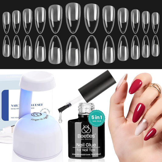 Beetles Gel Nail Kit Etch-X, Almond Medium, 500pcs 12 Sizes, with 9 in 1 Glue Mini Nail Lamp, Fall Nails, Pre-Etched Half Matte Easy Extension Set for Home DIY Salon Manicure Art-BrightBean Baby