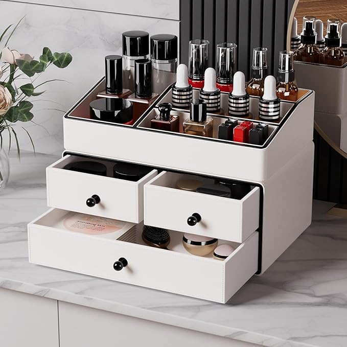 GORESE Leather Makeup Organizer with Drawers for Vanity, Stackable Skincare Holder Dresser Organizer Countertop, Make Up Storage Organizers Counter Cosmetic Display Case Gifts for Women(Cream White)-BrightBean Baby