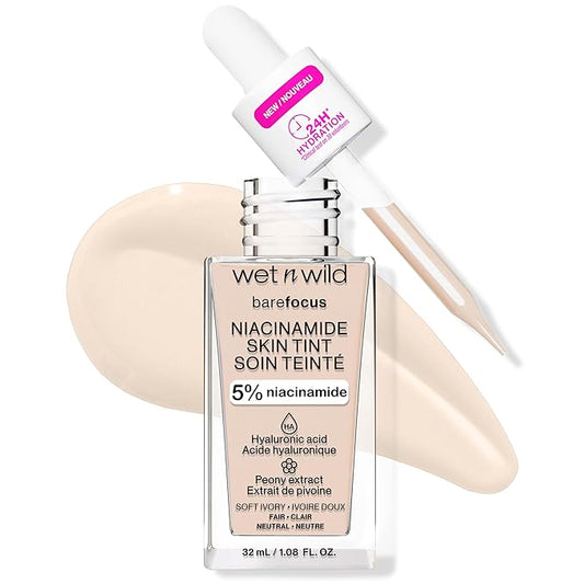 wet n wild Bare Focus Skin Tint, 5% Niacinamide Enriched, Buildable Sheer Lightweight Coverage, Natural Radiant Finish, Hyaluronic & Vitamin Hydration Boost, Cruelty-Free & Vegan - Soft Ivory-BrightBean Baby