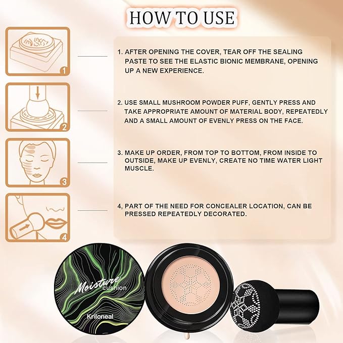 CC Cream Foundation Mushroom Head Air Cushion Face Makeup Moisturizing Concealer Waterproof Oil Control Long-Lasting Nude Makeup Even Skin Tone for All Skin Types(Ivory White)-BrightBean Baby