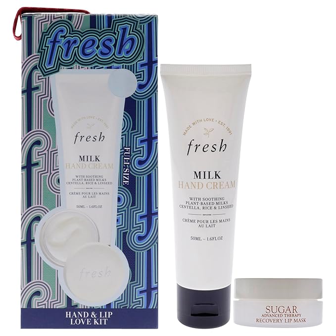 Fresh Hand And Lip Love Kit for Women - 2 Pc 1.6oz Milk Intensive Hand Cream, 0.3oz Sugar Recovery Lip Mask Advanced Therapy-BrightBean Baby