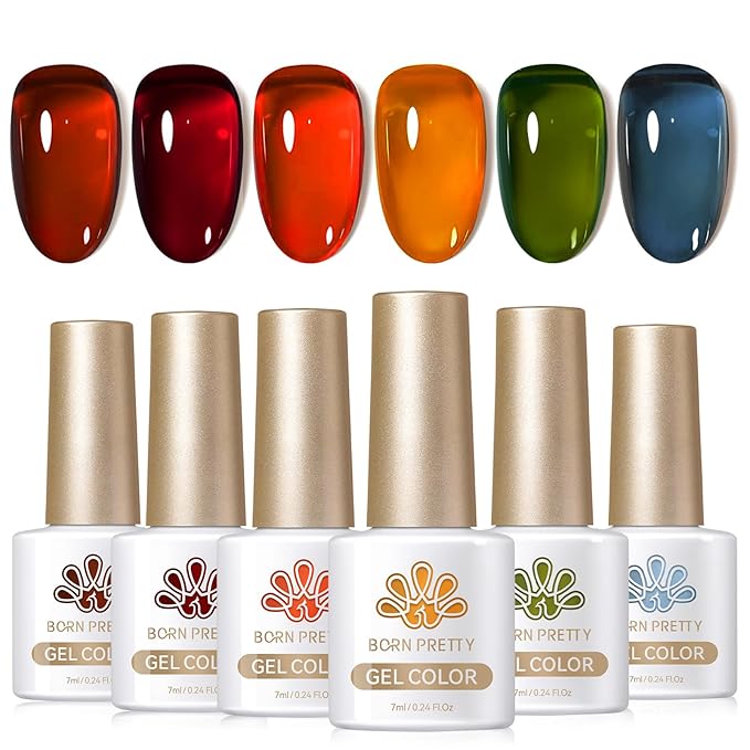 Born Pretty Jelly Gel Nail Polish, Sheer Transparent Crystal Gel Nail Polish, Christmas Brown Red Orange Green Blue Fall Winter Soak off Nail Polish Manicure DIY Home Salon Christmas Gift 7ml 6colors-BrightBean Baby