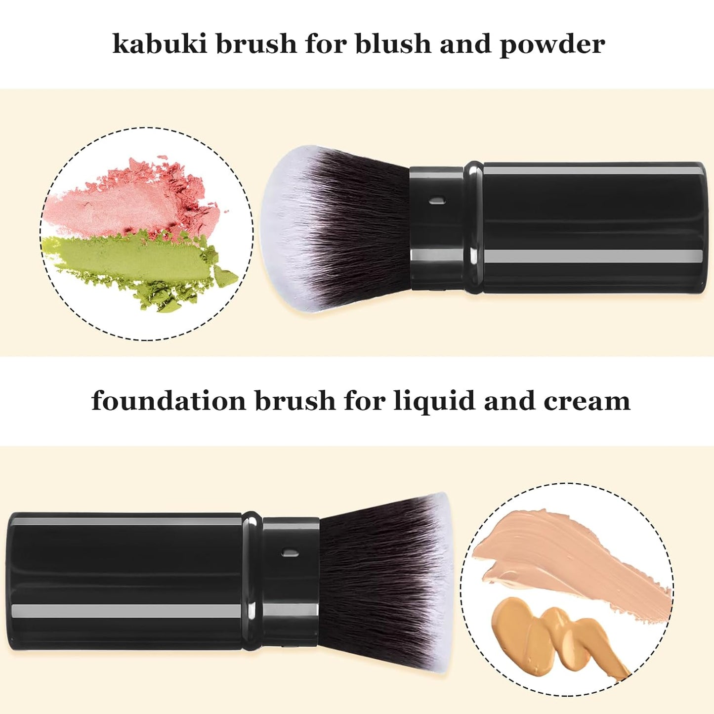 Retractable Makeup Brush 2 Pack, Travel Kabuki Powder Foundation Makeup Brush Face Blush Brushes for Blending Liquid, Blush, Bronzer, Buffing, Sunscreen,Flawless Cosmetics-BrightBean Baby