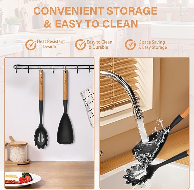 Silicone Cooking Spoon and Pasta Fork Set, 2 Pack Large Spatula Spoons Set with Wooden Handle, Nonstick Multifunction Spoon for Cooking, Serving, Mixing and Spaghetti (Black)