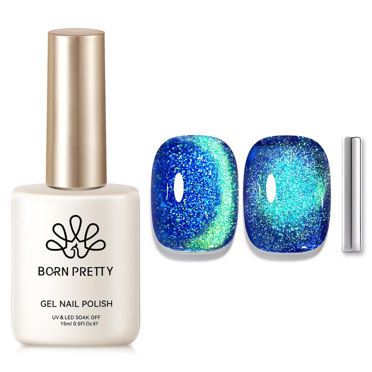 Born Pretty Cat Magnetic Eye Gel Nail Polish, Blue Glitter Cat Magnetic Gel Nail Polish, Holographic Magnetic Nail Polish for Nail Art Manicure Salon DIY at Home 15ML-BrightBean Baby