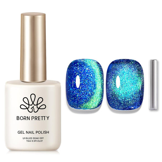 Born Pretty Cat Magnetic Eye Gel Nail Polish, Blue Glitter Cat Magnetic Gel Nail Polish, Holographic Magnetic Nail Polish for Nail Art Manicure Salon DIY at Home 15ML-BrightBean Baby