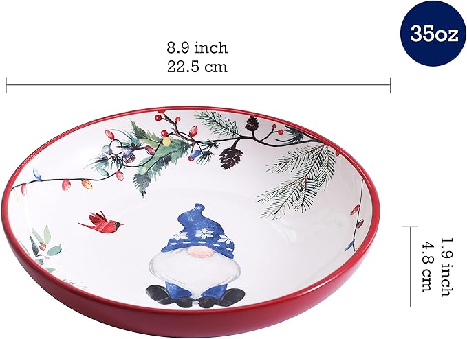 Bico Christmas Gnomes Pasta Bowls, 35oz Salad Bowl Set of 4, Large Ceramic Serving Dinner Bowls for Soup and Cereal, Microwave and Dishwasher Safe, Gift for Housewarming and Thanksgiving