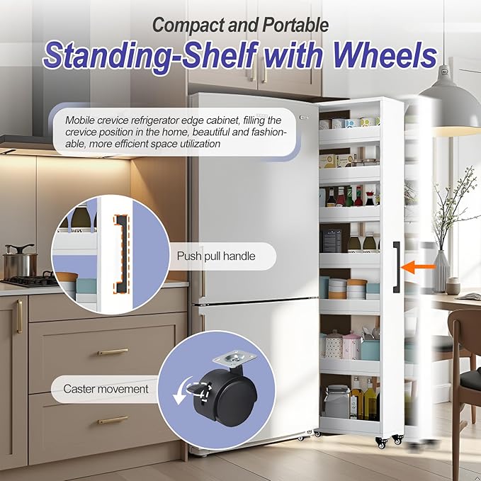 7-Tier Slim Storage Cart, Wooden Rolling Pantry Cabinet with Wheels, Narrow Shelf Organizer for Kitchen, Bakers Rack, Dining Room, Closet, Small Spaces Light Walnut 47.2" H*7.8" W*16.9" D
