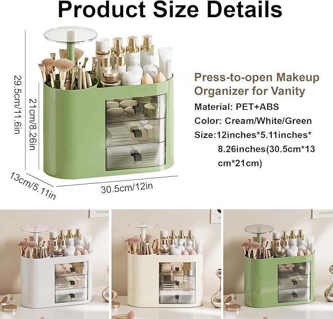 DASITON Makeup Organizer with 3 Drawers,Automatic Lifting Makeup Brush Holder with Lid,Large Capacity Makeup Organizers for Vanity,Bathroom Countertop,Ideal Storage Skin Care,Brushes,Lipstick (Green)-BrightBean Baby