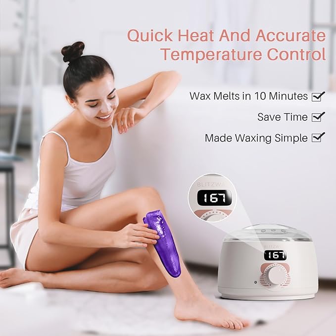 BLITZWAX Brazilian and Bikini Waxing Kit for Women, Hard Wax Warmer for Face, Legs, and Body, At Home Hair Removal Kit, Beginner Friendly, Quick Heating, 6 Packs Wax Beads-BrightBean Baby