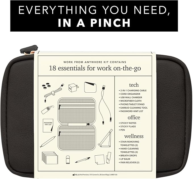 Pinch Provisions Work from Anywhere Kit, Includes 18 Essentials to Help You Stay on Task, Must-Have Essentials, Compact Multi-Functional Vegan Leather Pouch, Black-BrightBean Baby