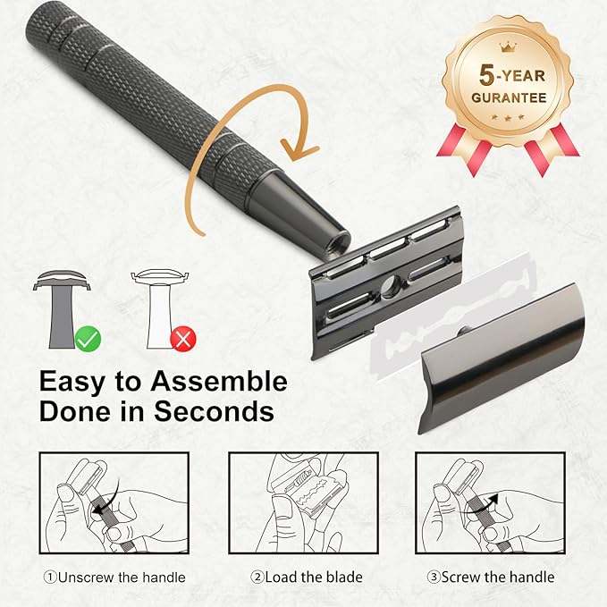 Gun Black Safety Razor, Single Blade Razors for Men & Women, with 10 Stainless Steel Double Edge Blades, Reusable Metal Razor, 1 Blade Razors, Eco-Friendly, Smooth and Close Shave, Plastic Free-BrightBean Baby