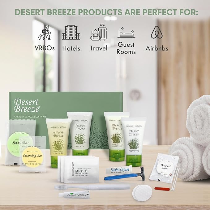 Desert Breeze Amenity & Accessory Kit | 1 oz Travel Size Shampoo, Conditioner, Lotion, Body Wash, Body Bar, Cleansing Bar, Shave & Dental Sets, Make-Up Remover Wipes, & Vanity Kit | 15 sets per case-BrightBean Baby