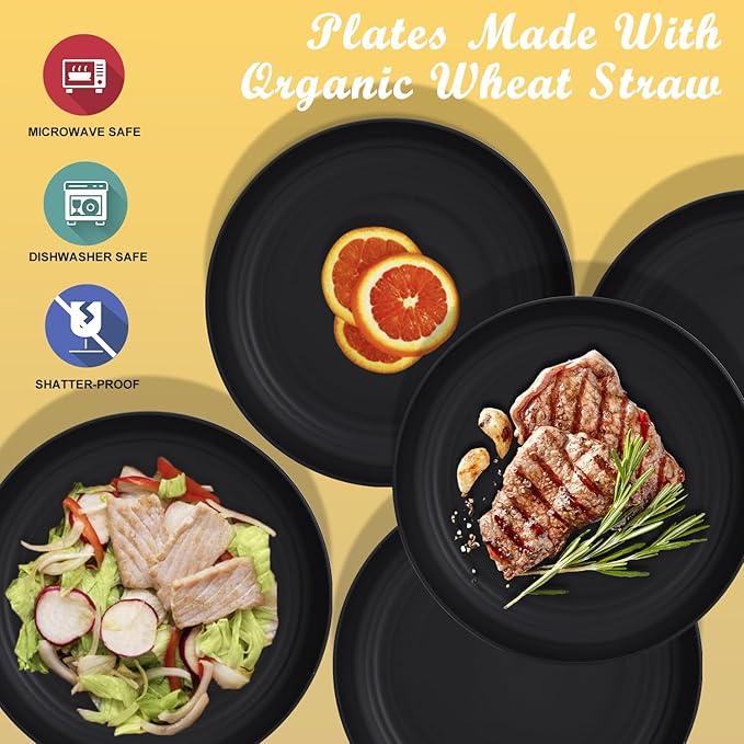 Wrova Wheat Straw Plates - 9 Inch Unbreakable Dinner Plates Set of 8 - Dishwasher & Microwave Safe Plastic Plates Reusable - Lightweight Plate for kitchen,camping (pure black)
