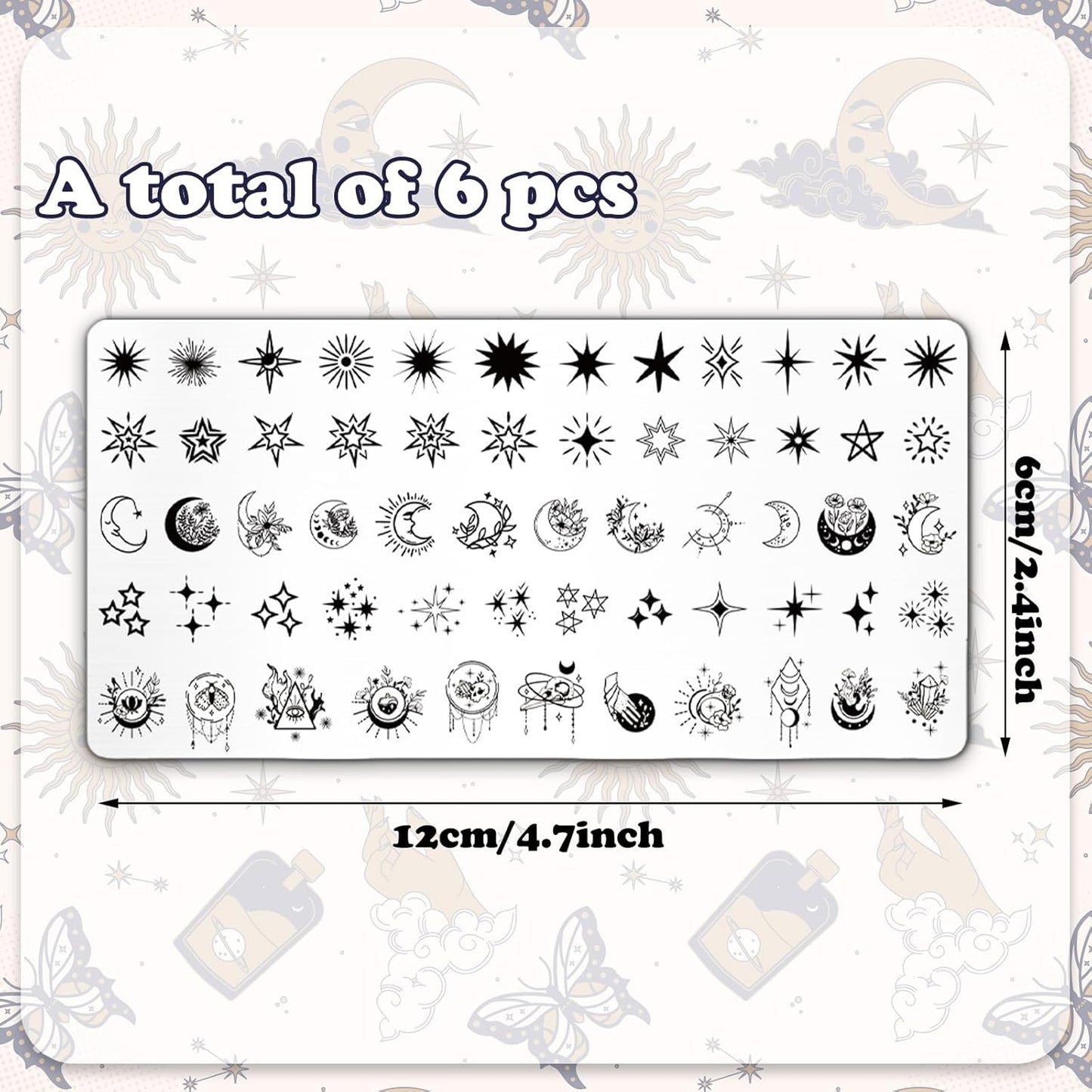 Whaline 6Pcs Sun Moon Star Nail Plates Stamping Set Groovy Stamp Templates Nail Art Plates for DIY Print Manicure Salon Design Gift Supplies-BrightBean Baby