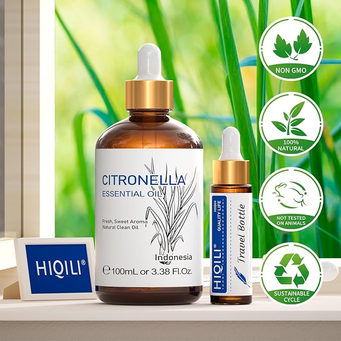 HIQILI 100ML Citronella Oil for Homemade Sprays, Add to Diffuser, 100% Pure and Natural Undiluted 3.38 Fl Oz-BrightBean Baby