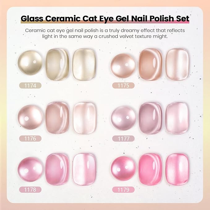 RARJSM Nude Jelly Glass Cat Eye Gel Nail Polish Set 6Pcs Champagne Gold Rose Blush Metal Pink Red Smoothie Ceramics Cateye Silver Glitter Gelpolish with Magnetic Stick UV LED Curing Require Home Salon-BrightBean Baby