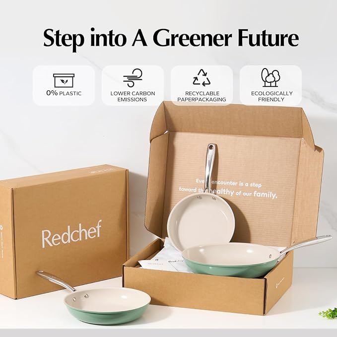 Redchef Nonstick Frying Pan Skillet, Ceramic Non-Stick Saute Pans, 9.5 inch Cooking Fry Pan with Stay Cool Handle, All Stovetops, Dishwasher/Oven Safe, PFAS-Free, Non Toxic (Green)